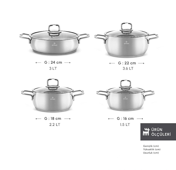 Set içeriğinde yer alan farklı hacimlerde tencereler, günlük kullanım için oldukça pratik.
