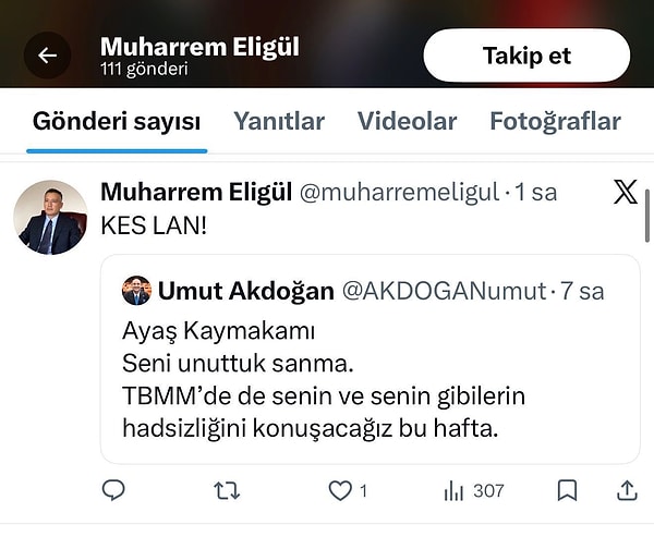 Eligül'ün paylaşımı kısa sürede silinirken Kaymakamlık hesabından da bu tweete yönlendirme yapıldığı görüldü.