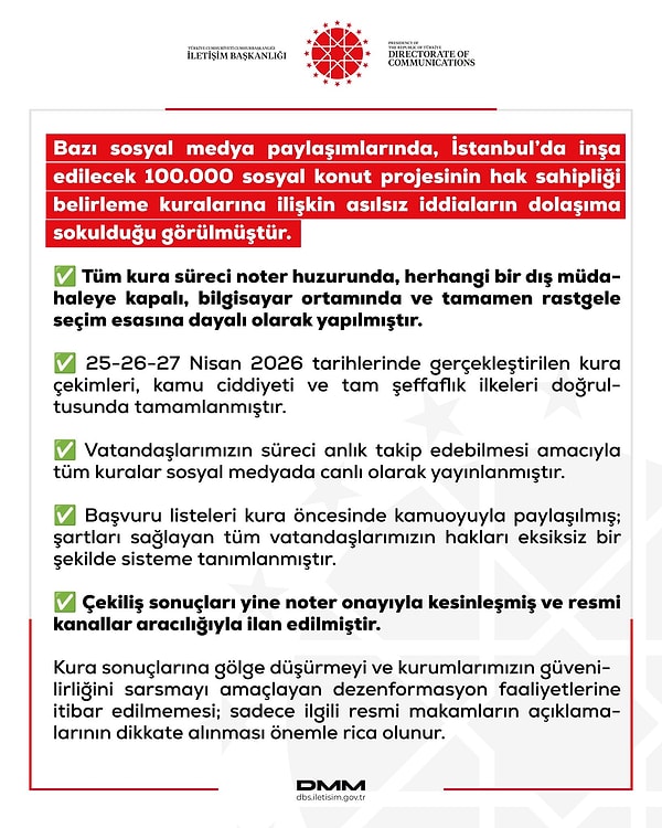 Dezenformasyonla Mücadele Merkezi (DMM), İstanbul'da 100.000 sosyal konut projesinin hak sahipliği belirleme kuralarına ilişkin asılsız iddiaları yalanladı.