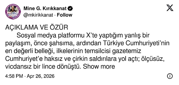 Kırıkkanat, X hesabından "Açıklama ve Özür" başlıklı bir yazı paylaştı.