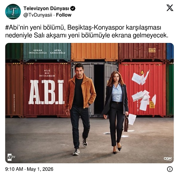 İşte Televizyon Gazetesi'nin A.B.İ. dizisinin iptal edildiğini duyurduğu o paylaşım: