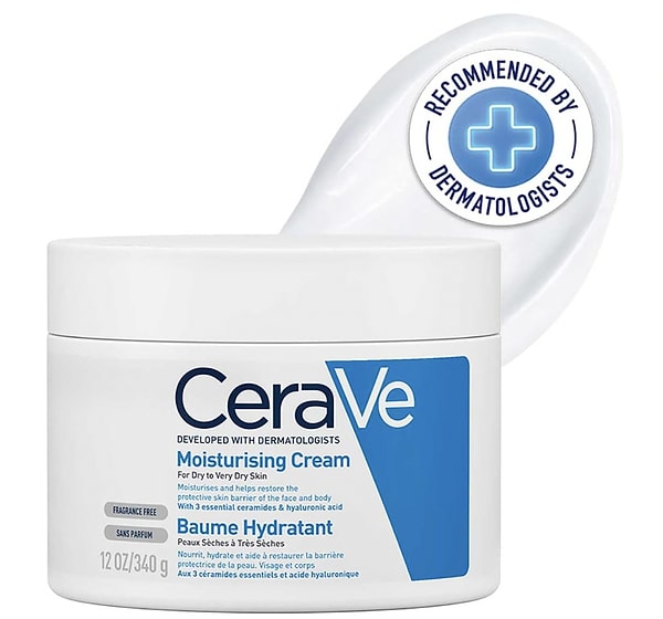 CeraVe Nemlendirici Bakım Kremi, 340 gramlık büyük boyuyla tüm vücudunuz için uzun süreli koruma sağlıyor.