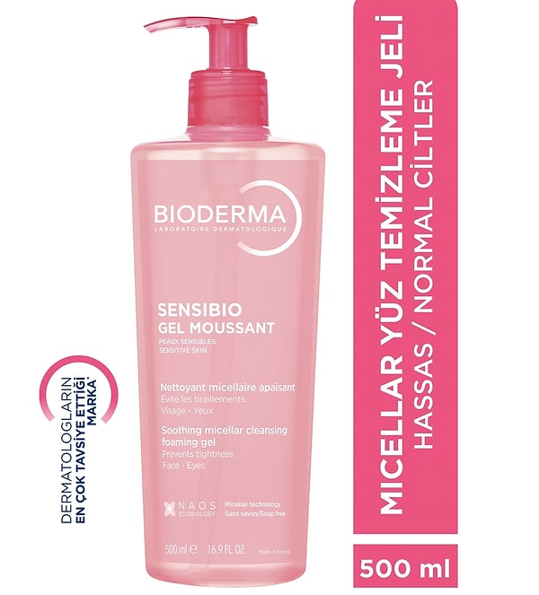 Bioderma Sensibio Foaming Gel, 500 ml'lik avantajlı boyuyla hassas ciltlere derinlemesine temizlik sağlıyor.