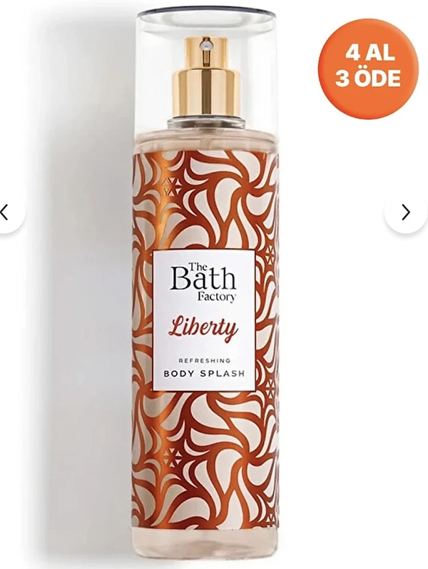 The Bath Factory Liberty Vücut Spreyi, 200 ml'lik boyuyla gün boyu ferahlık ve etkileyici bir koku vaat ediyor.