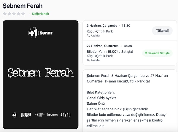 In response to overwhelming interest, Şebnem Ferah has decided to schedule an additional concert for June 27, 2026.
