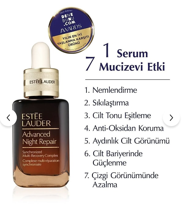 Estee Lauder Advanced Night Repair Gece Serumu, 20 ml'lik boyuyla yaşlanma karşıtı bakımda altın standart olmaya devam ediyor.