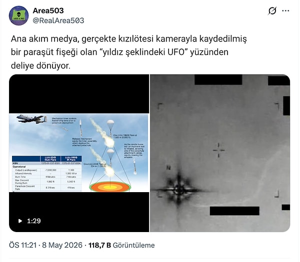 Pek çok kullanıcı bu görüntülerde görünen cismin sadece paraşüte bağlanmış bir işaret fişeği olduğunu öne sürüyor.
