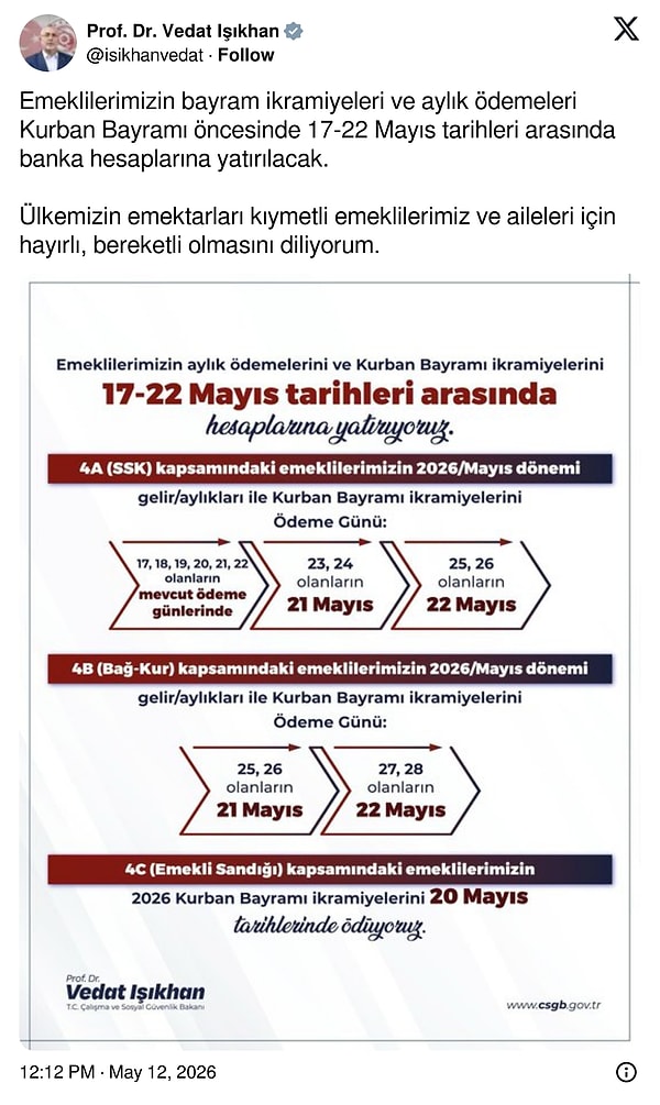 Çalışma ve Sosyal Güvenlik Bakanı Vedat Işıkhan, X hesabından şu açıklamayı yaptı: