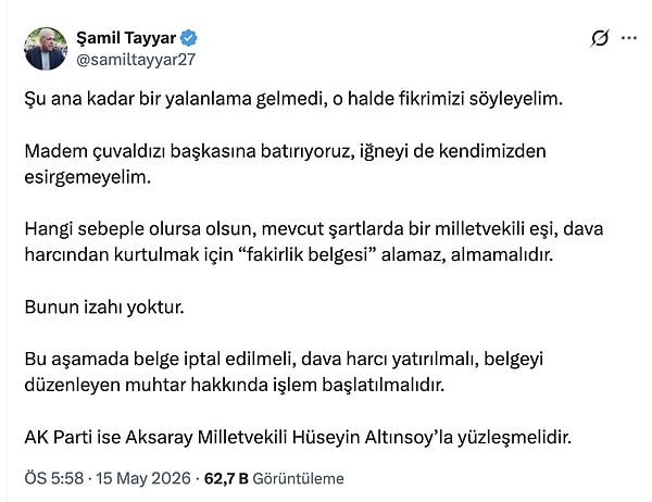 Şamil Tayyar, "iğneyi kendimize batıralım" diyerek yaşananları eleştirdi.