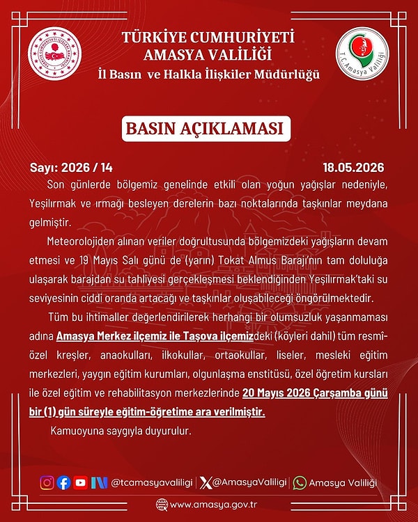 Amasya Valiliğinin açıklaması şu şekilde;