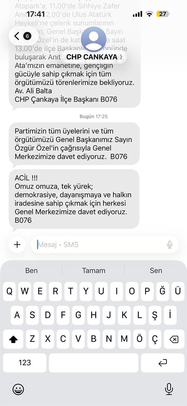 CHP'den üyelerine gönderilen SMS.