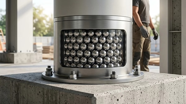 When the structure is set in motion by an earthquake tremor, fierce winds, or heavy train traffic, this central shaft begins to slide back and forth among the compressed steel balls.