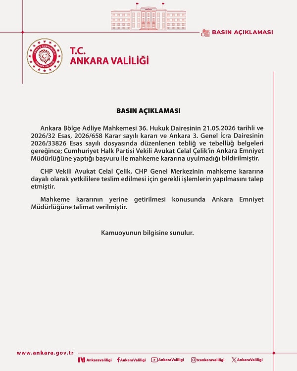 Ankara Valiliği, Kılıçdaroğlu'nun avukatının dilekçesi sonrası harekete geçtiğini açıkladı.