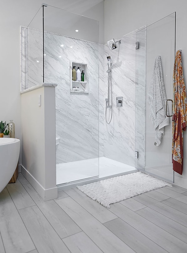 Known as a walk-in shower, this modern system eliminates all the spots of grime and the hassle of maintenance in the bathroom.