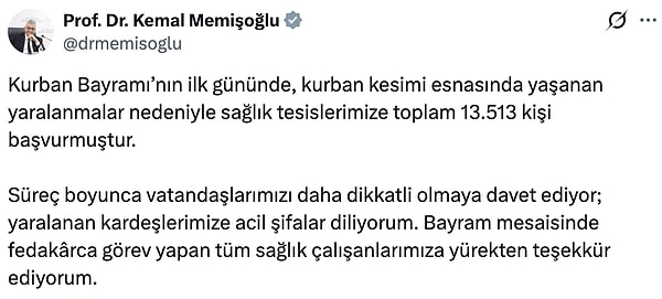 Bakan Kemal Memişoğlu'nun paylaşımı şöyle: