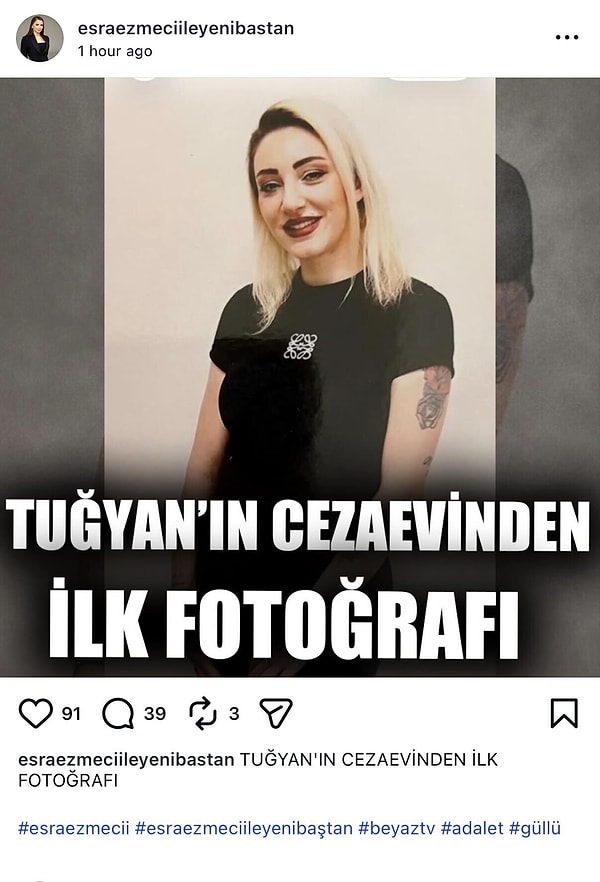 Cezaevinde tutuklu bulunan Tuğyan Ülkem Gülter'in son hali Esra Ezmeci ile Yeni Baştan hesabının yaptığı paylaşımla ortaya çıktı.