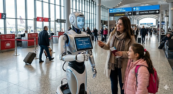 Almanya’da test edilen yapay zekâ destekli insansı robotlar, havalimanlarında yolculara rehberlik etmeye başladı.