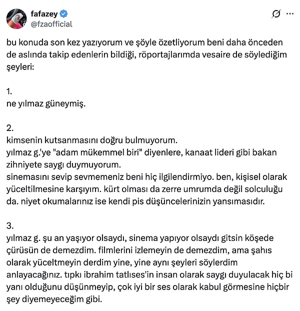 Kendisine gelen eleştirilerin artmasının ardından Farah Zeynep Abdullah, geçtiğimiz günlerde Ozan Güven'in Kadıköy'de bir mekandan çıkarılmasını da dahil ettiği Yılmaz Güney, İbrahim Tatlıses, Kanye West, Ozan Güven ve Kemal Kılıçdaroğlu'nu kapsayan bir açıklama yaptı.