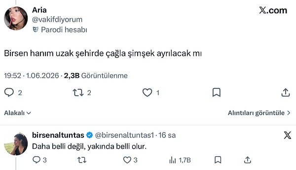 Dizinin takipçileri, gazeteci Birsen Altuntaş’a sosyal medya üzerinden Çağla Şimşek’in yeni sezonda projede olup olmayacağını sordu.