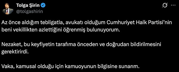 Tolga Şirin'in açıklaması: