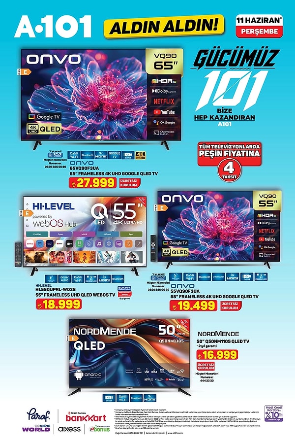 Onvo 65" Frameless 4K UHD Google QLED Tv 27.999 TL