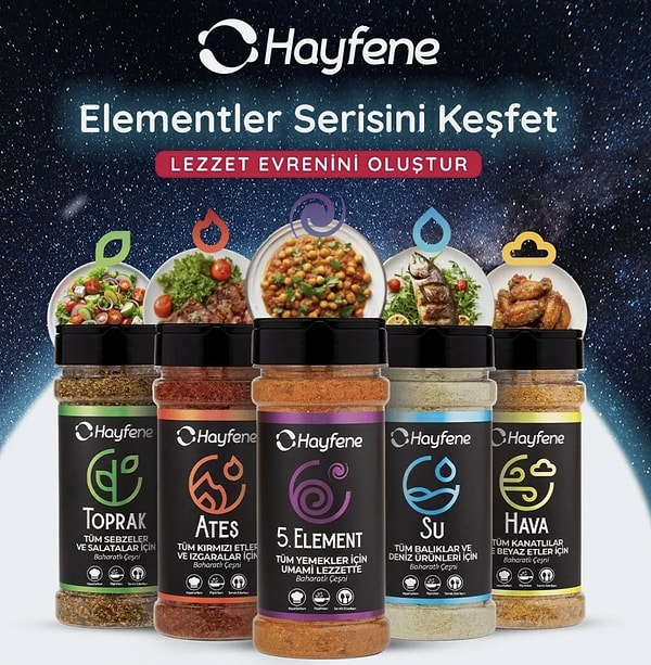 Hayfene Element serisi 5li paket baharat seti markanın 200 TL üzeri %30 indirim avantajıyla listede!