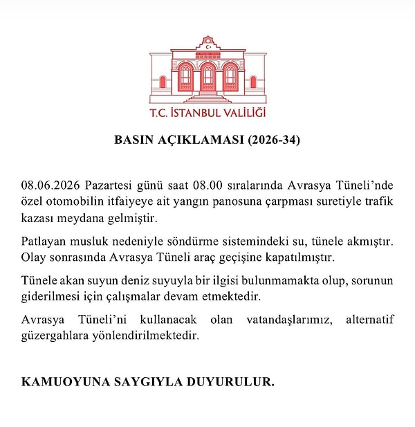 İstanbul Valiliği Tüneldeki Suyun Deniz Suyu Olmadığını Açıkladı