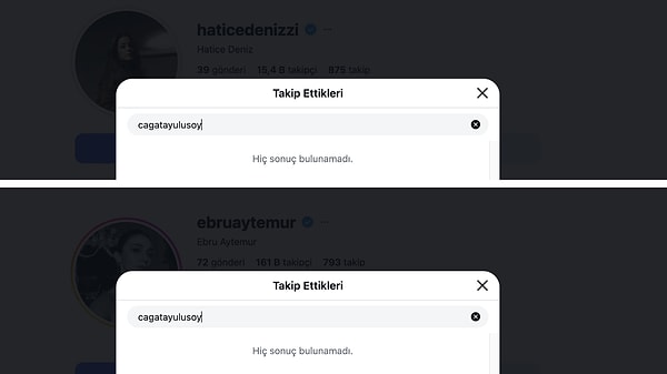 Eşref Rüya oyuncuları Hatice Deniz ve Ebru Aytemur da Çağatay Ulusoy'u takip etmeyi bırakan isimler arasında yer aldı.