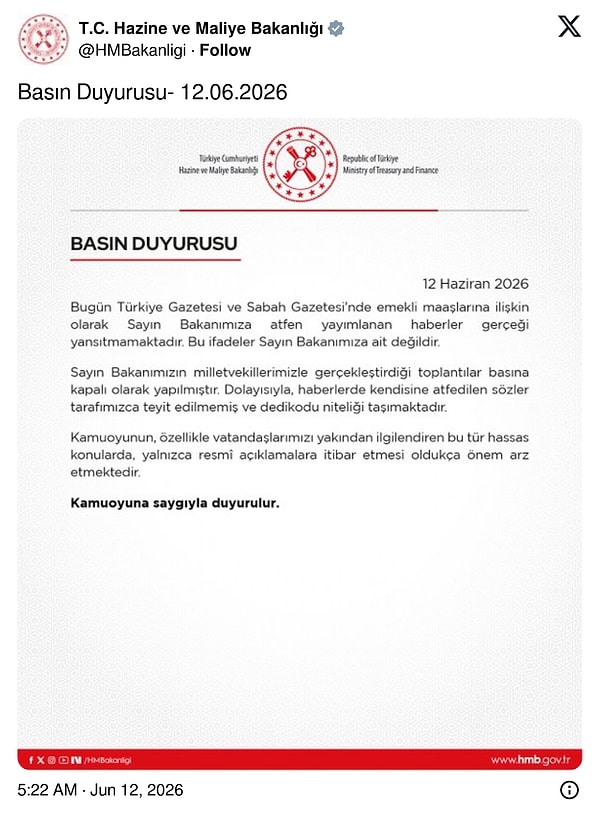 Hazine ve Maliye Bakanlığı'ndan "emekli maaşına zam" açıklaması.