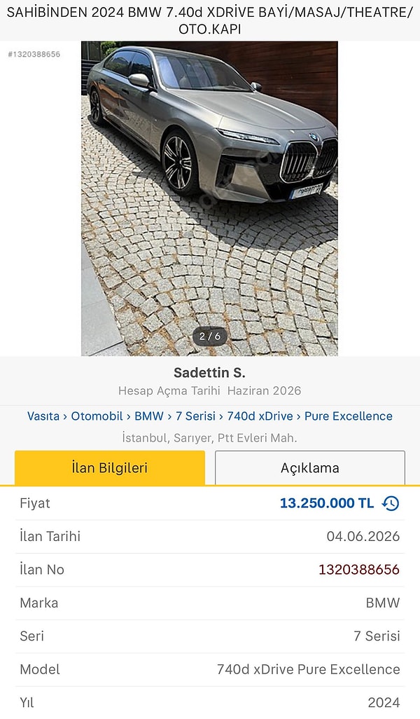 BMW'nin 740d modelli ara. 13.250.000 liradan satışa sunuldu.
