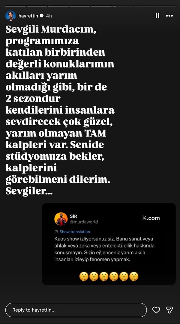 Murda'nın sözleri sosyal medyada hızla yayılırken gözler doğal olarak Hayrettin'e çevrildi.