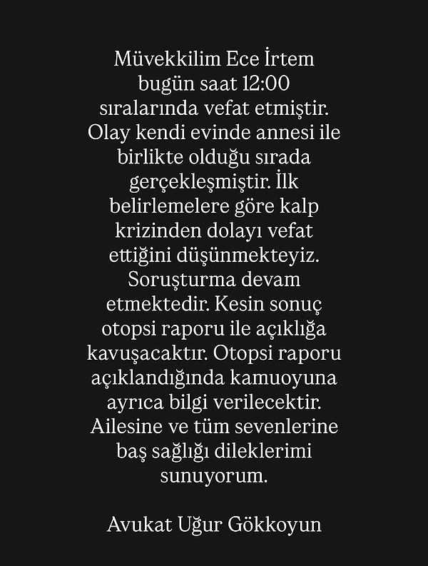 Oyuncunun avukatı aşağıda yer alan paylaşımla vefat haberini duyurdu 👇