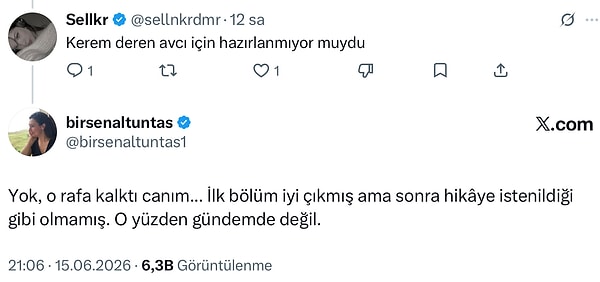 Bir kullanıcı, gazeteci Birsen Altuntaş’a Avcı dizisinin hazırlanıp hazırlanmadığını sordu.