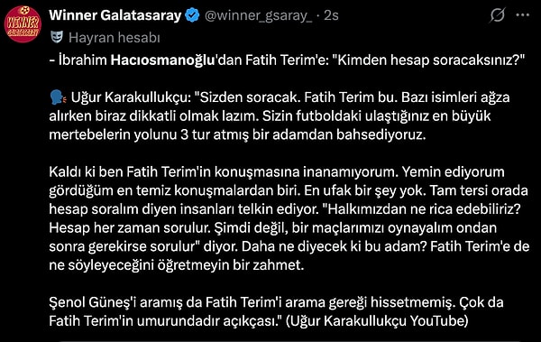 Fatih Terim’in açıklamalarına farklı bir pencereden cevap veren TFF Başkanı İbrahim Hacıosmanoğlu’nun sözlerine gelen tepkilerden bazıları şu şekilde: