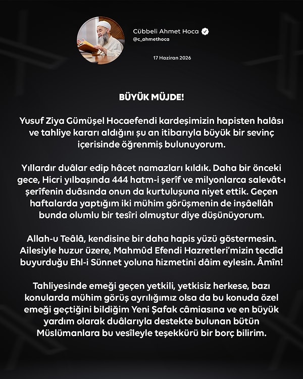 Cübbeli Ahmet kararı "büyük müjde" başlığıyla duyurdu.