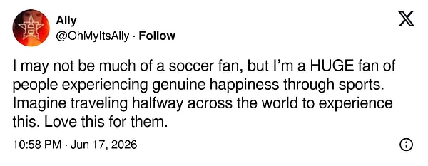 "Futbol fanı sayılmam ama sporun insanlara yaşattığı o gerçek mutluluğun büyük hayranıyım. Bunun için dünyanın öbür ucuna gitmek bile… aşırı iyi."