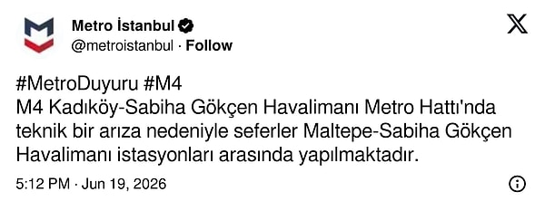 Metro İstanbul'un paylaşımı 👇
