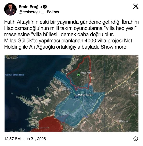 Gazeteci Ersin Eroğlu, TFF Başkanı tarafından hediye sözü verilen villa projesinin detaylarını paylaştı.