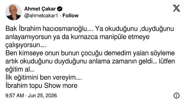 Ahmet Çakar, İbrahim Hacıosmanoğlu’nun açıklamasına cevap verdi.