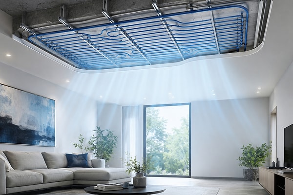 Radiant cooling is an advanced system that circulates cold water through special pipes embedded in ceilings, walls, or floors, rather than simply blowing cold air into the room.