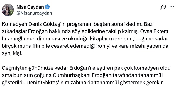 Nisa Çaydan gösterideki politik göndermelerin sadece hükümet aleyhine olmadığını paylaştı.