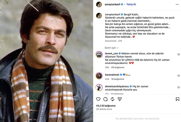 İşte Türkan Şoray'ın Kadir İnanır'a veda paylaşımı: