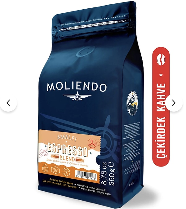 Moliendo Amalfi Espresso Blend Çekirdek Kahve mutfak stoklarını tazelemek isteyenlere özel sepette net %25 indirimli!