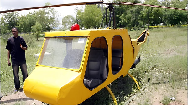 He constructed the helicopter from old vehicle and aircraft parts.