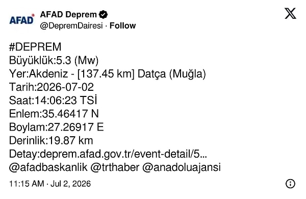 AFAD’ın paylaşımı 👇