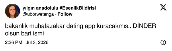 Bakanlığın tanışma uygulaması hazırlığında olması ise gündem oldu. İşte yorumlardan bazıları: