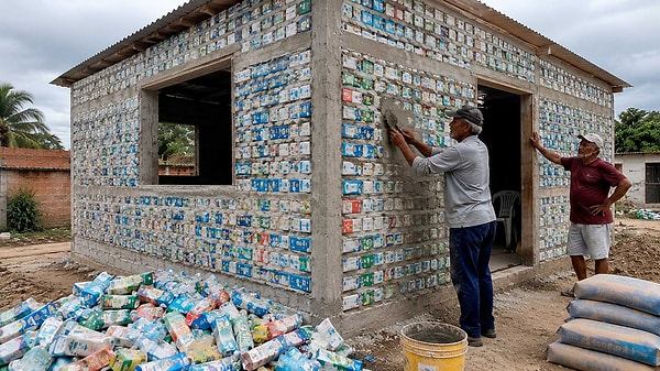 Milk cartons were used instead of bricks.