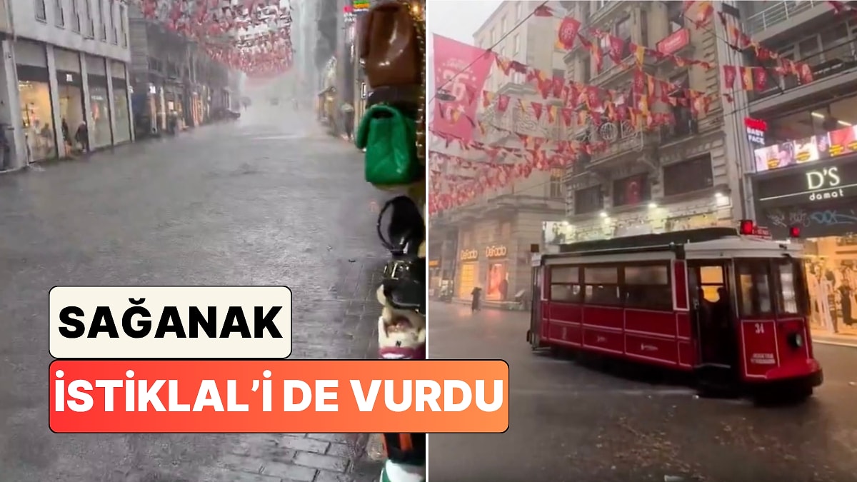 Tramvay Güçlükle İlerledi: Sağanak Sonrası Göle Dönen İstiklal Caddesi'nden Görüntüler Paylaşıldı