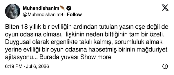 18 yıllık evliliğin üstüne yapılan vedanın oyun odasına olması tartışmanın odağında oldu.