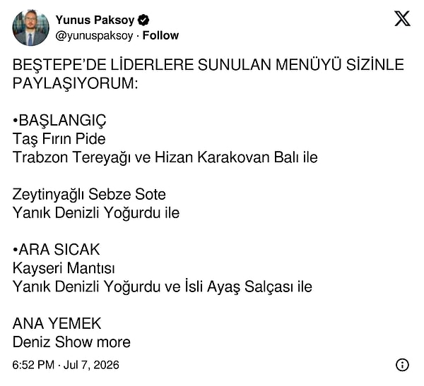 CNN Türk’ün ABD Temsilcisi Yusuf Paksoy, Beyaz Saray’ın duyurduğu yemek menüsünü sosyal medya hesabından paylaştı.
